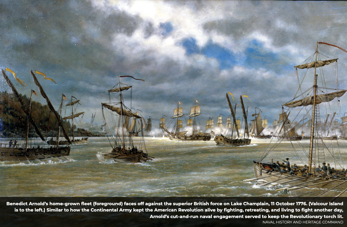 V. Zveg, “Battle of Valcour Island, naval engagement on Lake Champlain, 11 October 1776. Oil. Catalog #NH 83140-KN. Naval History and Heritage Command.